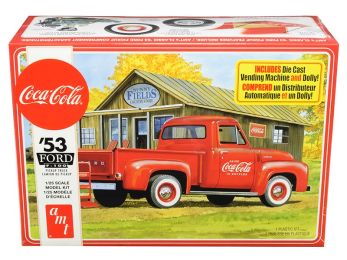 Skill 3 Model Kit 1953 Ford F-100 Pickup Truck \Coca-Cola\" with Vending Machine and Dolly 1/25 Scale Model by AMT"""
