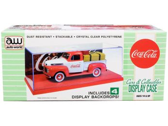 Collectible Acrylic Display Show Case with Red Plastic Base and 4 \Coca-Cola\" Display Backdrops for 1/43 Scale Model Cars by Autoworld"""