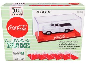 6 Collectible Acrylic Display Show Cases with Red Plastic Bases with 3 Different Slogans \Coca-Cola\" for 1/64 Scale Model Cars by Autoworld"""