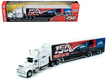 2019 Freightliner with Trailer \John Force 150th Funny Car Win\" Transporter 1/64 Diecast Model by Autoworld"""