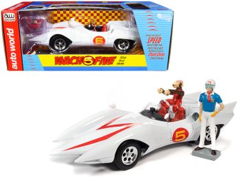 Mach 5 Five White with Chim-Chim Monkey and Speed Racer Figurines 1/18 Diecast Model Car by Autoworld