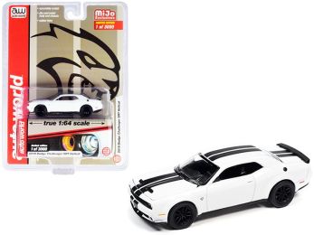 2019 Dodge Challenger SRT Hellcat White with Black Stripes Limited Edition to 3000 pieces Worldwide 1/64 Diecast Model Car by Autoworld