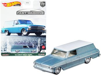 1964 Chevrolet Nova Panel Light Blue Metallic with White Top Fast Wagons Series Diecast Model Car by Hot Wheels