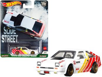 Toyota AE86 Sprinter Trueno TRD White with Stripes \Slide Street\" Series Diecast Model Car by Hot Wheels"""