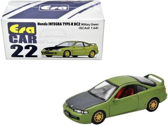 Honda Integra Type-R DC2 Military Green with Carbon Hood and Gold Wheels 1/64 Diecast Model Car by Era Car