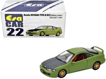 Honda Integra Type-R DC2 Military Green with Carbon Hood and Gold Wheels 1/64 Diecast Model Car by Era Car