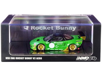 NSX (NA) Rocket Bunny V2 Aero RHD (Right Hand Drive) Green Metallic and Black 1/64 Diecast Model Car by Inno Models