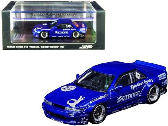 Nissan Silvia S13 (V2) RHD (Right Hand Drive) Pandem Rocket Bunny Blue Metallic with Graphics 1/64 Diecast Model Car by Inno Models