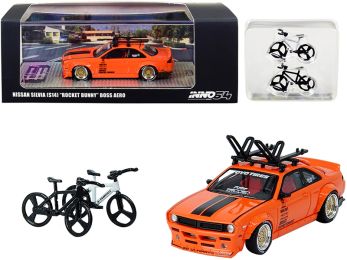 Nissan Silvia (S14) Rocket Bunny Boss Aero Orange with Roof Rack and 2 Bicycles 1/64 Diecast Model Car by Inno Models