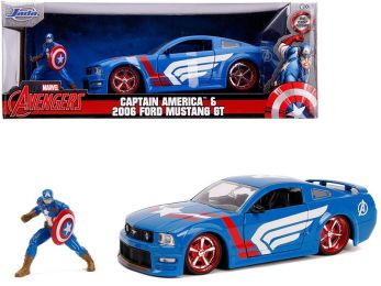 2006 Ford Mustang GT with Captain America Diecast Figurine \Avengers\" \""Marvel\"" Series 1/24 Diecast Model Car by Jada"""