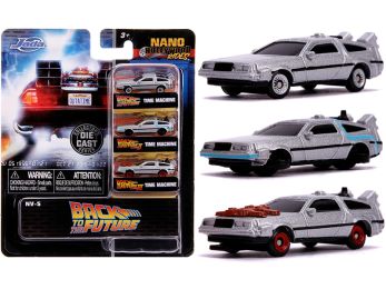 \Back to the Future\" Time Machine 3 piece Set \""Nano Hollywood Rides\"" Diecast Model Cars by Jada"""