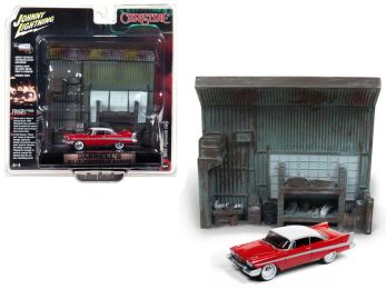 1958 Plymouth Fury Red with \Darnell\'s Garage\" Interior Diorama from \""Christine\"" (1983) Movie 1/64 Diecast Model by Johnny Lightning"""