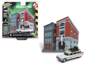 1959 Cadillac Ecto-1A Ambulance with Firehouse Exterior Diorama from \Ghostbusters II\" (1989) Movie 1/64 Diecast Model by Johnny Lightning"""