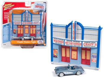 1958 Chevrolet Corvette Convertible Blue and Resin Movie Theater Facade \Double Feature Night\" 1/64 Diecast Model by Johnny Lightning"""