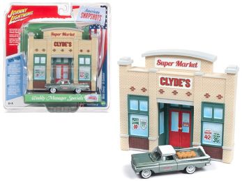 1959 Chevrolet El Camino Pickup Truck Green and Resin Store Front Facade \Weekly Manager Specials\" Diorama 1/64 Diecast Model by Johnny Lightning"""