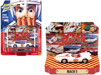 Speed Racer Mach 5 Five White with Collectible Tin Display \Speed Racer\" 1/64 Diecast Model Car by Johnny Lightning"""