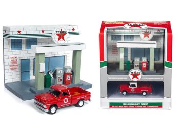 1965 Chevrolet Pickup Truck and Resin \Texaco\" Service Station Diorama Set 1/64 Diecast Model by Johnny Lightning"""
