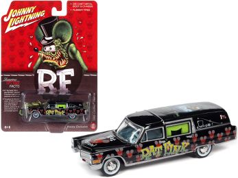 1966 Cadillac Hearse Rat Fink Black with Graphics 1/64 Diecast Model Car by Johnny Lightning