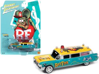 1959 Cadillac Ambulance \Rat Fink\" Turquoise and Yellow with Graphics 1/64 Diecast Model Car by Johnny Lightning"""