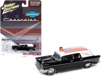 1957 Chevrolet Hearse Black with White Top and American Flag Graphics 1/64 Diecast Model Car by Johnny Lightning