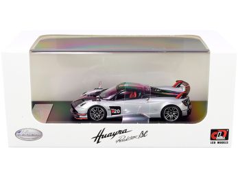 Pagani Huayra Roadster BC Silver Metallic and Carbon with Red and White Stripes 1/64 Diecast Model Car by LCD Models
