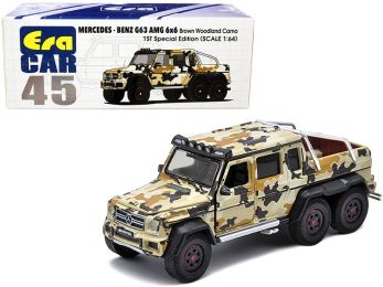 Mercedes Benz G63 AMG 6x6 Pickup Truck with Spotlight Brown Woodland Camo \1st Special Edition\" 1/64 Diecast Model Car by Era Car"""