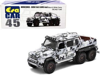 Mercedes Benz G63 AMG 6x6 Pickup Truck with Spotlight Black and White Camo 1/64 Diecast Model Car by Era Car