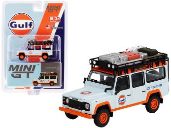 Land Rover Defender 110 with Roof Rack and Accessories Gulf Oil Light Blue and Orange 1/64 Diecast Model Car by True Scale Miniatures
