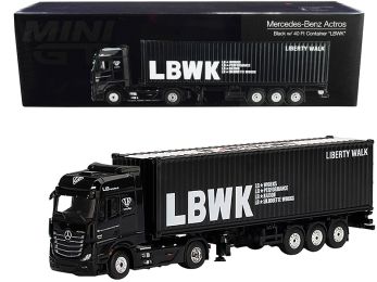 Mercedes Benz Actros RHD (Right Hand Drive) with Trailer and 40 Container LBWK Liberty Walk Black 1/64 Diecast Model by True Scale Miniatures