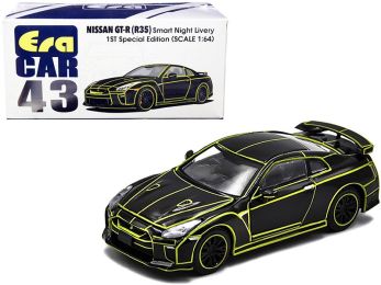Nissan GT-R (R35) RHD (Right Hand Drive) Smart Night Livery Black with Yellow Stripes \1st Special Edition\" 1/64 Diecast Model Car by Era Car"""