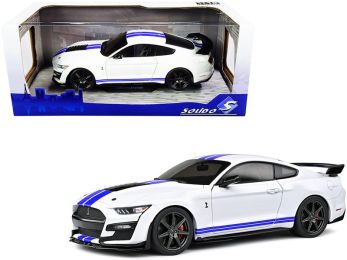 2020 Ford Mustang Shelby GT500 White with Blue Stripes 1/18 Diecast Model Car by Solido