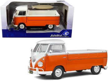 Volkswagen T1 Pickup Truck Orange and White with Surfboard 1/18 Diecast Model Car by Solido