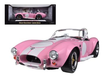 1965 Shelby Cobra 427 S/C Pink with White Stripes with Printed Carroll Shelby Signature\'s on the Trunk 1/18 Diecast Model Car by Shelby Collectibles