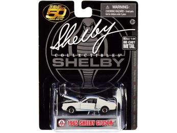 1965 Ford Mustang Shelby GT350R White with Blue Stripes \Shelby American 50 Years\" (1962-2012) 1/64 Diecast Model Car by Shelby Collectibles"""