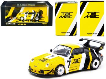 Porsche RWB 993 #7 Tarmac Yellow and Black with METAL OIL CAN RAUH-Welt BEGRIFF 1/64 Diecast Model Car by Tarmac Works