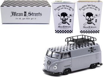 Volkswagen T1 Panel Van with Roof Rack Gray with Graphics \Mean Streets\ with METAL OIL CAN 1/64 Diecast Model Car by Schuco & Tarmac Works